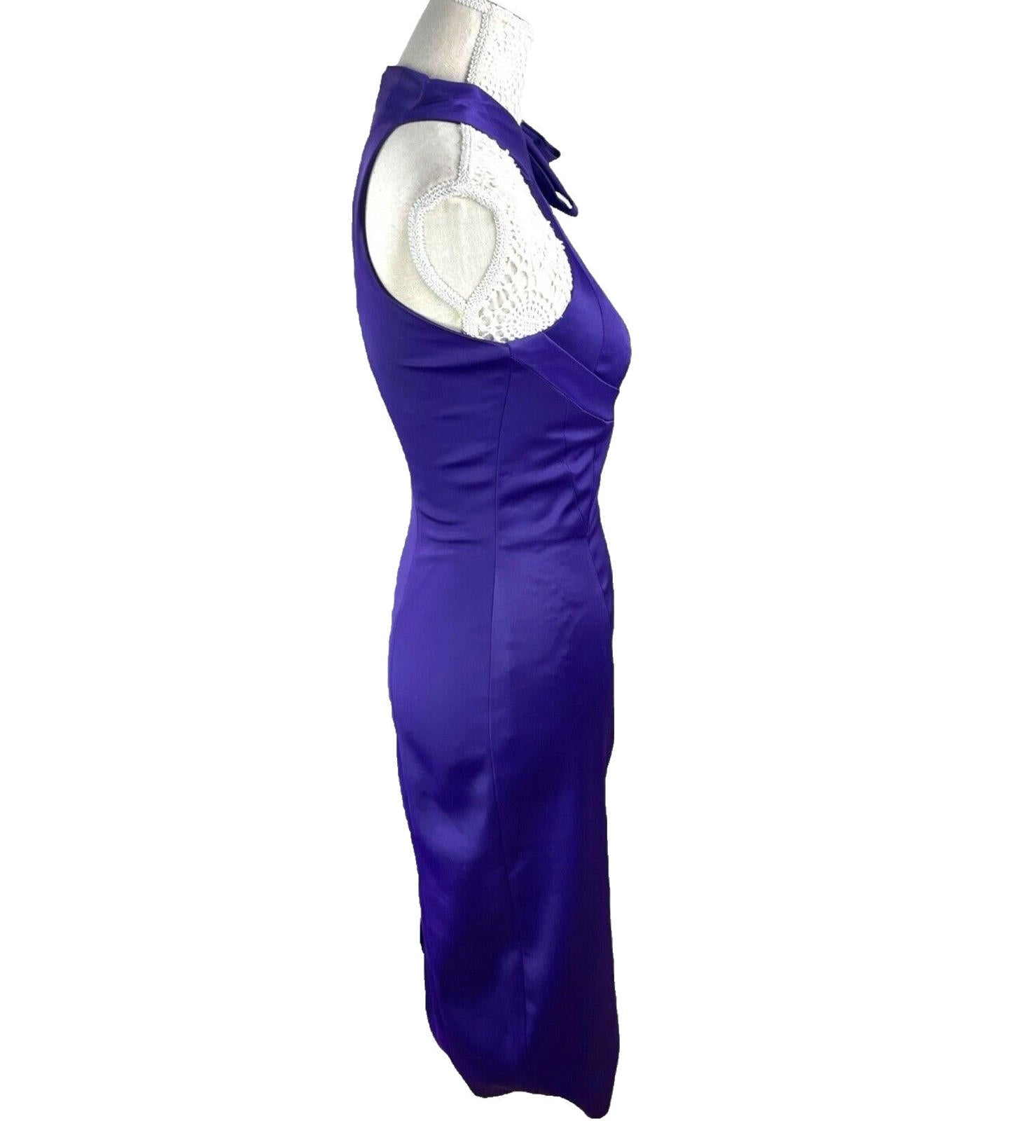 Karen Millen Dress Purple Stretch Satin Sheath High Neck Women’s UK Size 8