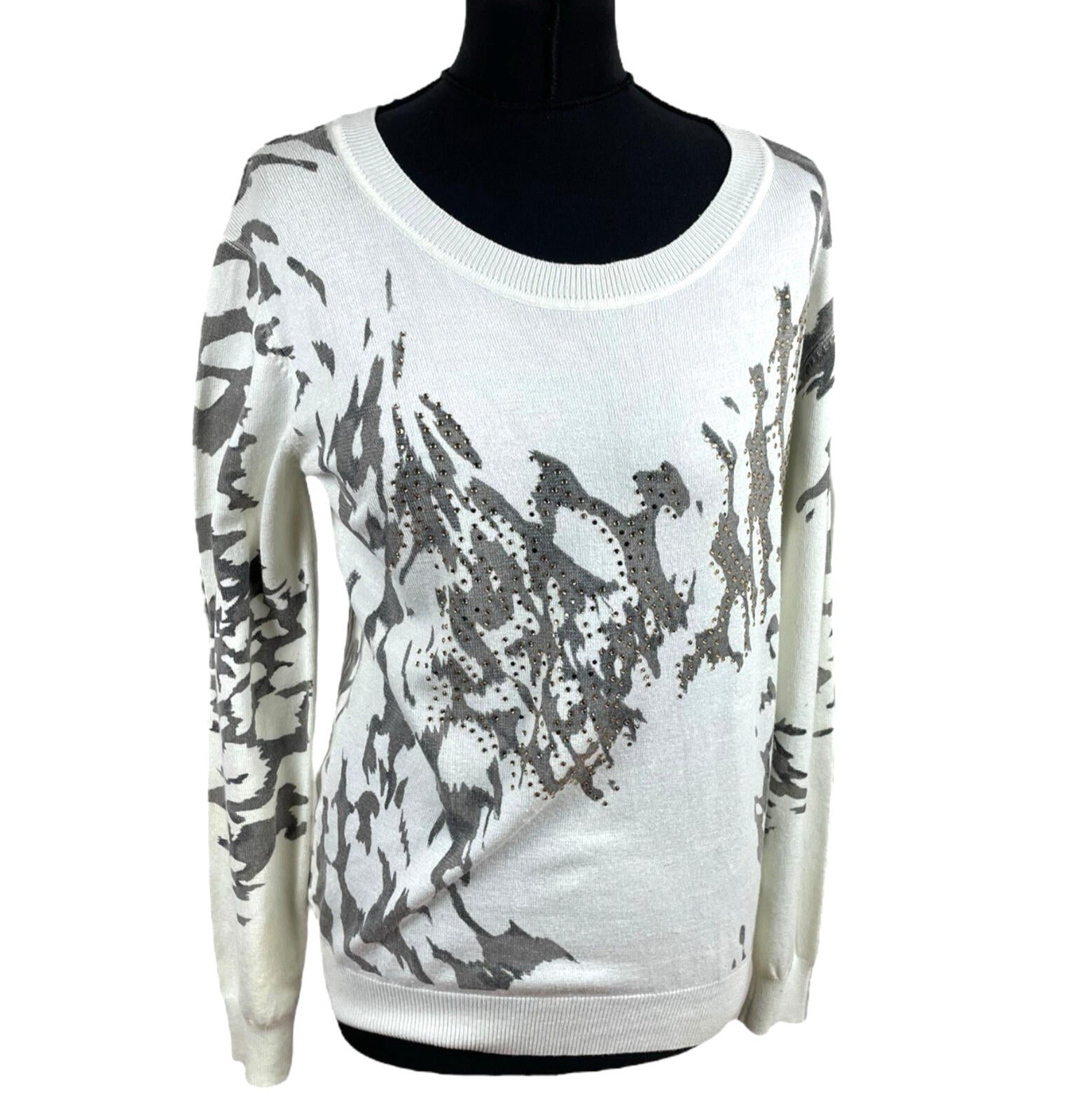 Just Elegance Thin White Jumper Grey Gold Pattern Round Neck Women’s UK Size L