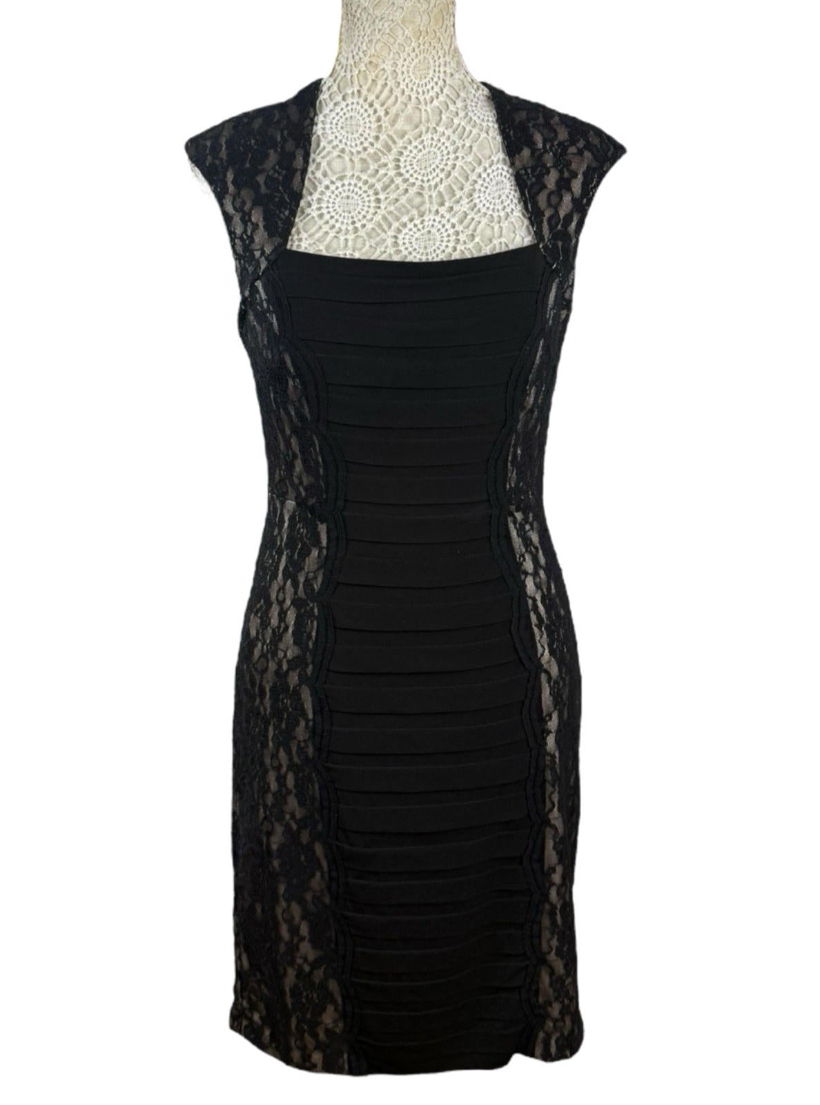 Jax Cocktail Dress Women's UK Size 8 Ruched Panel & Lace Overlay Bodycon Lined