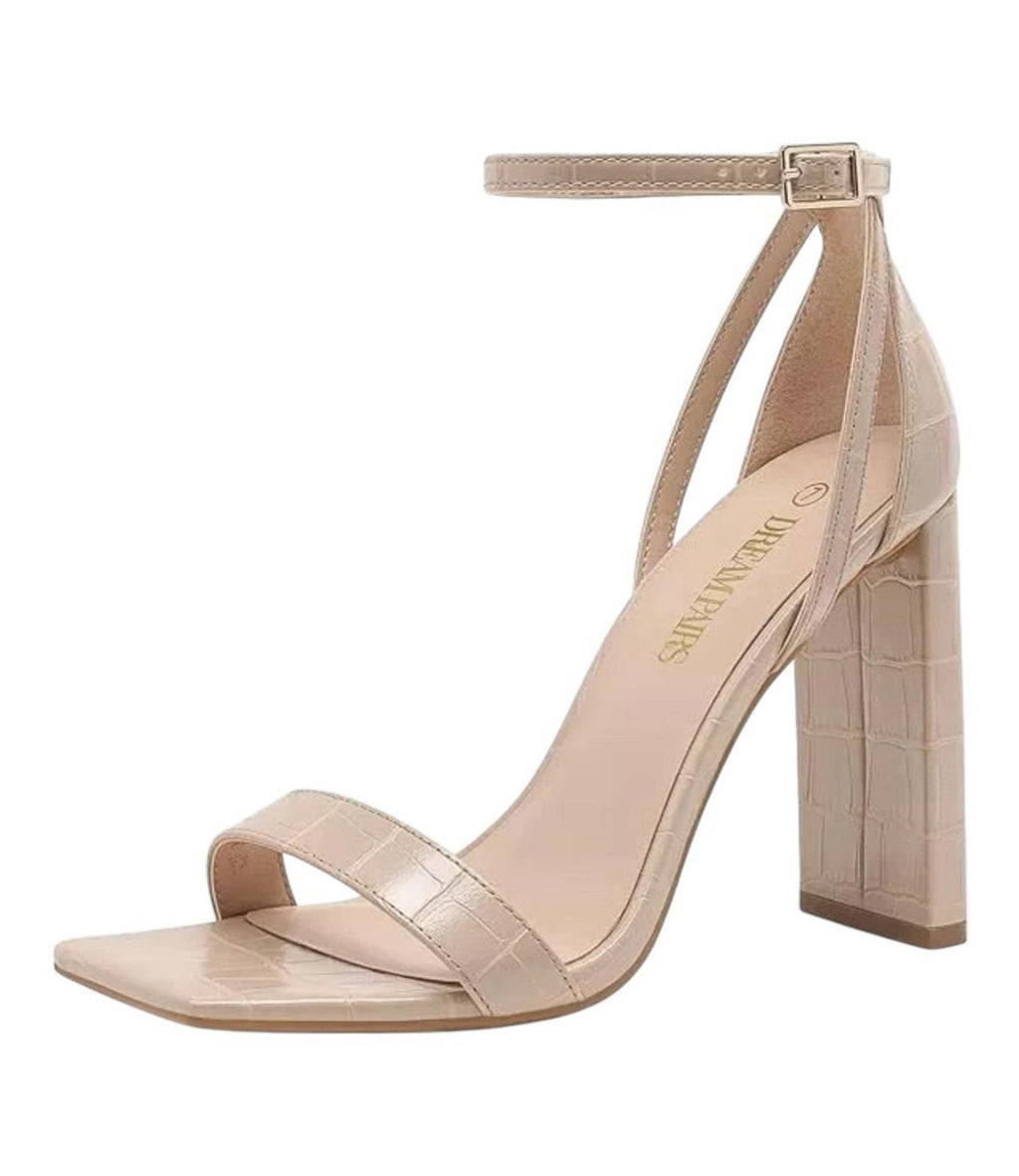 Dream Pairs Nude Open Square Toe Block Heel Shoes Crocodie Faux Leather