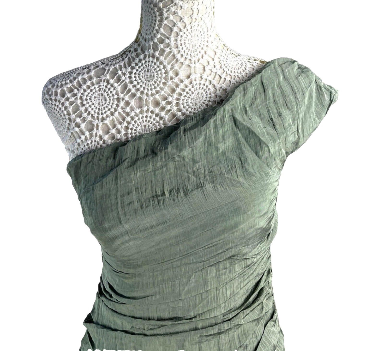 Evening Occasion Dress Women's UK Size 8 Green One Shoulder Crinkle Side Slit