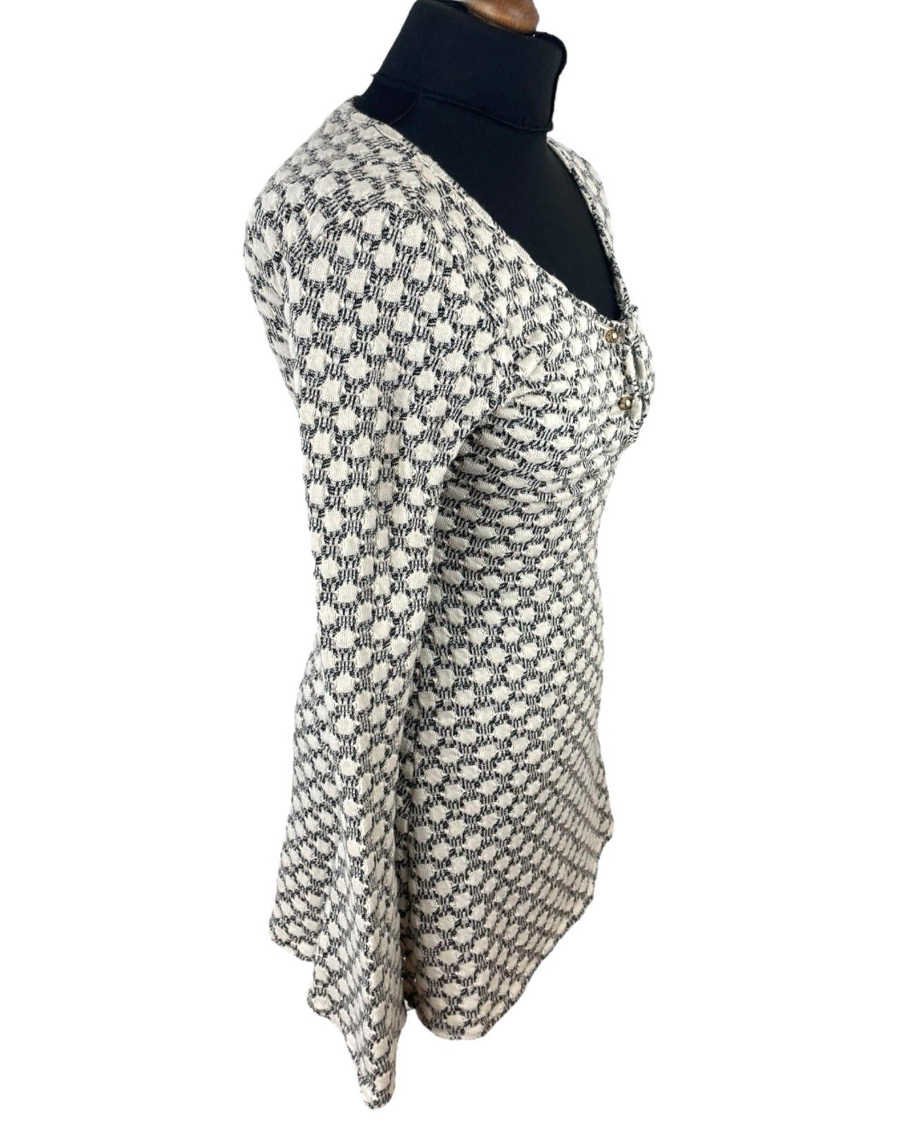 Textured Knit Mini Dress Women's UK Size 8 Flared Sleeve Beige Geometric