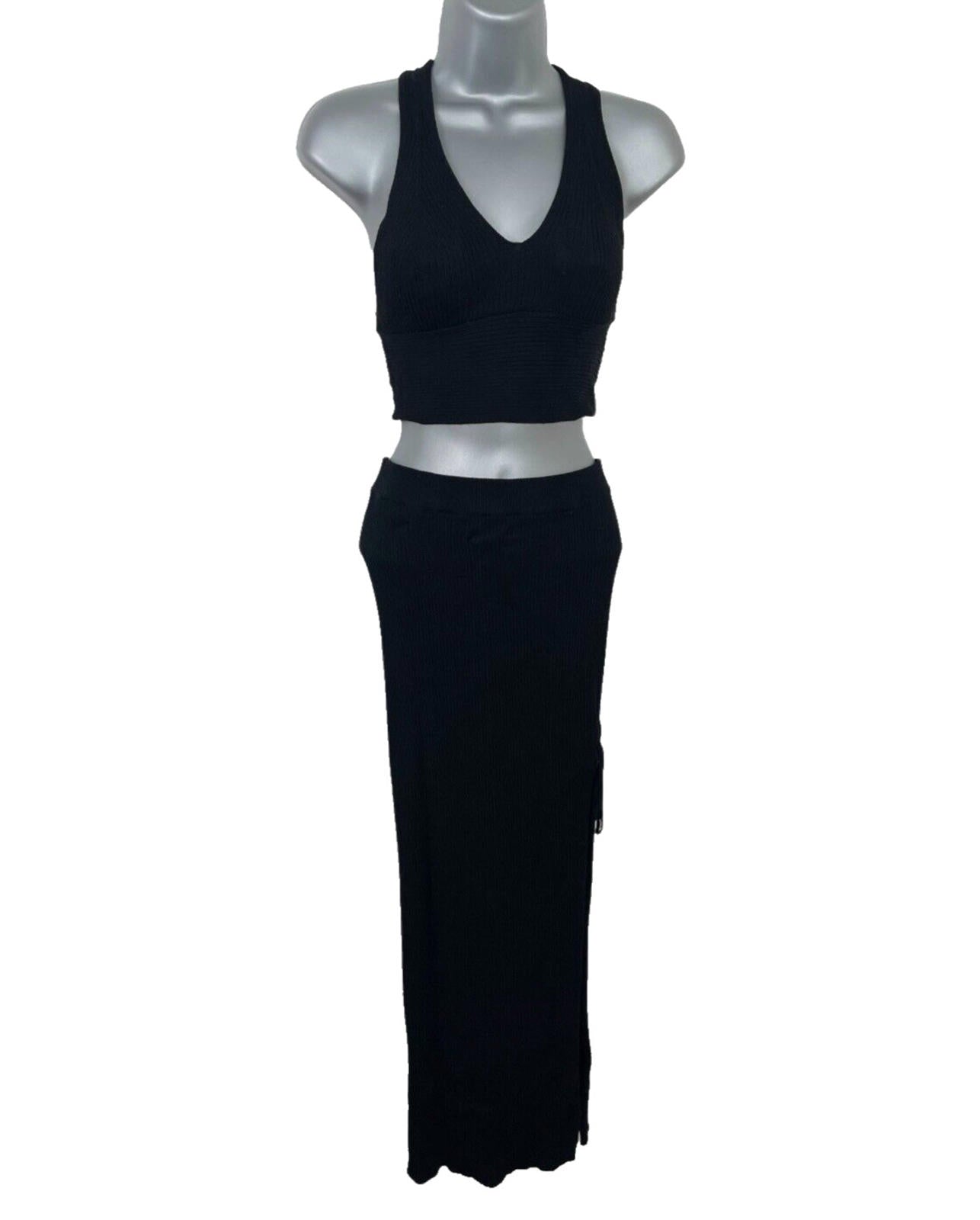 Pull & Bear Black Ribbed Maxi Skirt & Croptop Co Ord Set Women’s UK Size XS