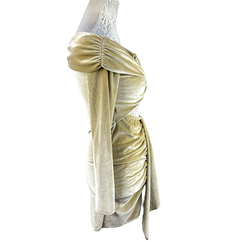 Gold Velour Cut Out Mini Dress Off Shoulder Ruffle Women’s UK Size 8