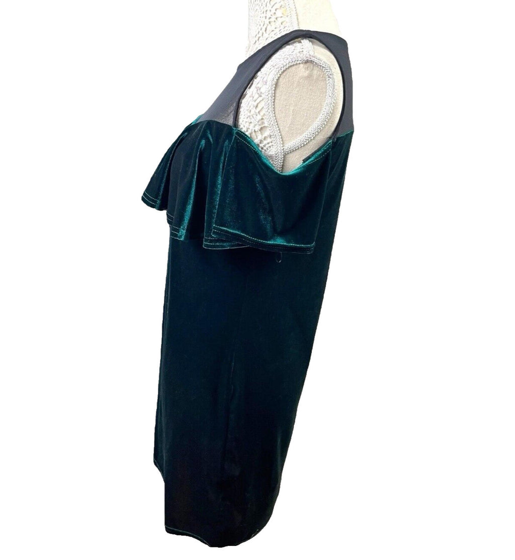 Quiz Velvet Mini Dress Women’s UK Size 14 Green Cold Shoulder Mesh Neckline