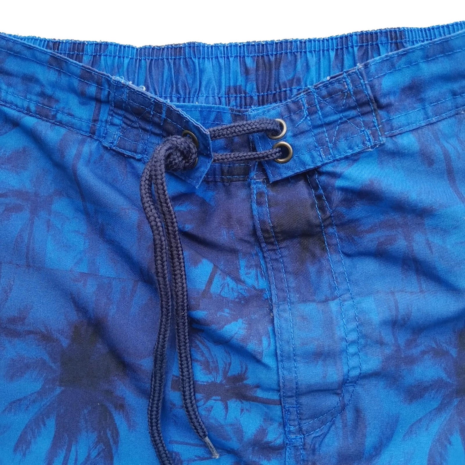 Palm Tree Swim Shorts Men's UK Size L Blue Pockets Drawstring Hawaiian Print
