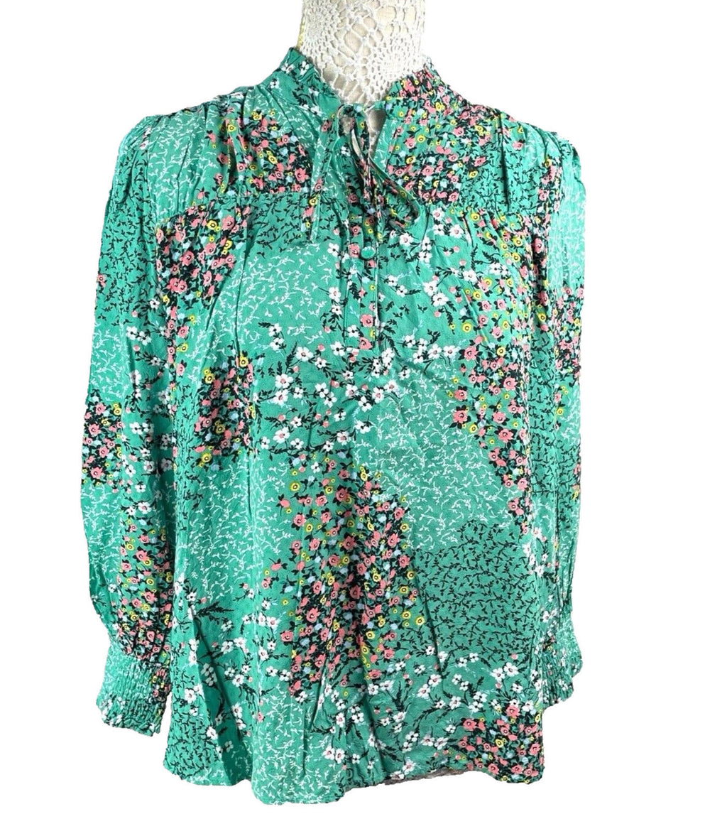 Marks & Spencer Floral Blouse Women’s UK Size 12 Tie Neck Long Sleeve Green