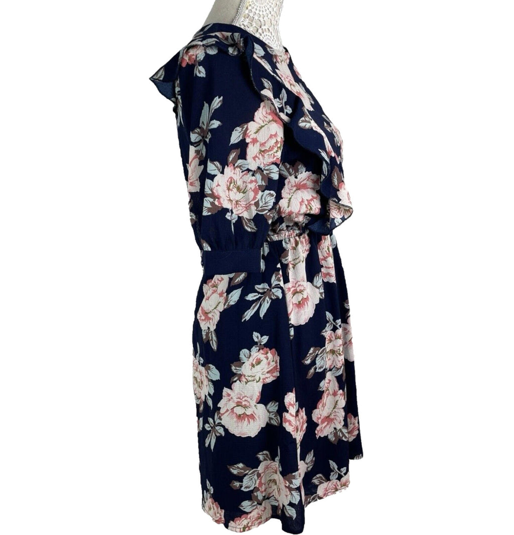 Urban Bliss Midi Dress Navy Floral High Neck Elastic Waist Women’s UK Size 10