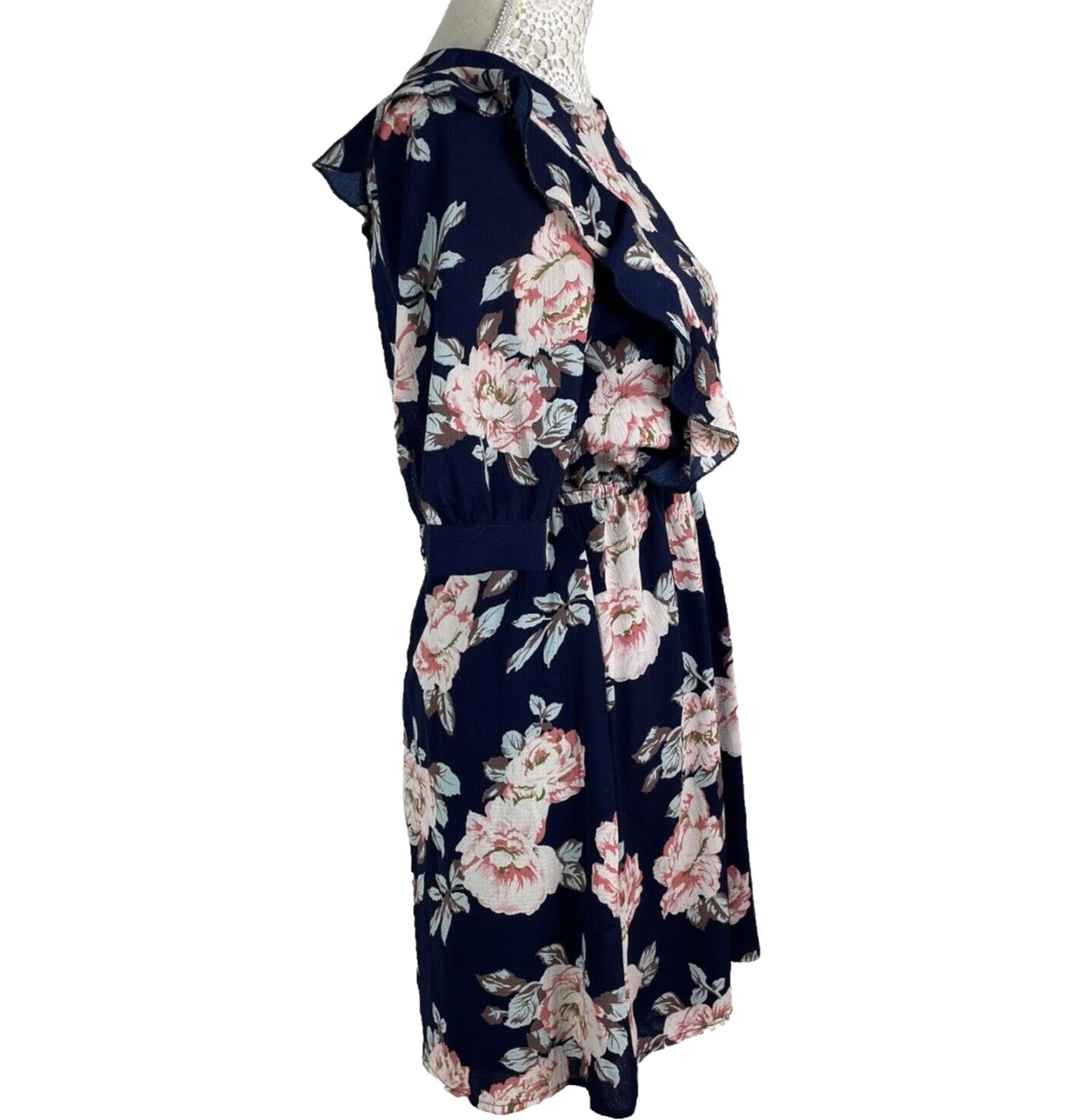 Urban Bliss Midi Dress Navy Floral High Neck Elastic Waist Women’s UK Size 10