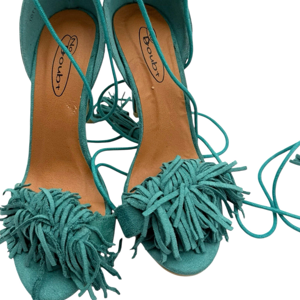 No Doubt Strap Up Stiletto Shoes Women’s UK Size 4 Open Tasseled Toe Green Suede