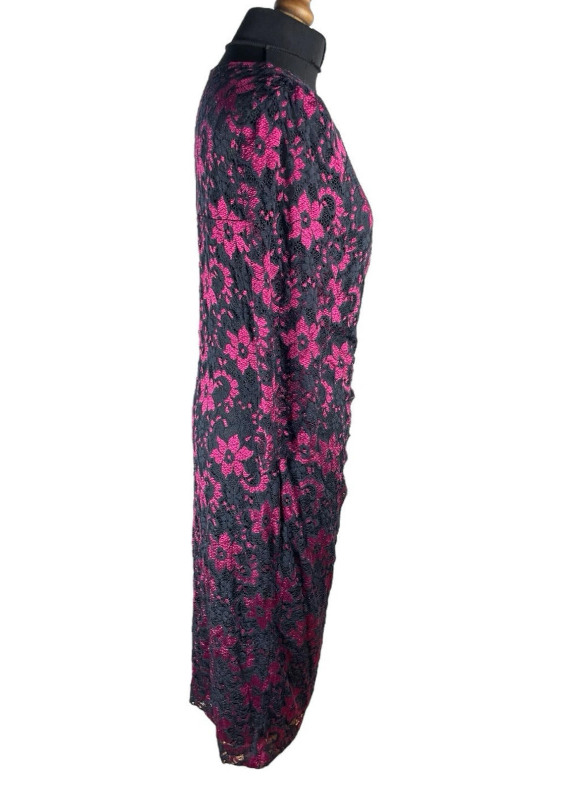 Roman Midi Dress Women’s UK Size 14 Pink & Black Floral Lace Long Sleeve Formal