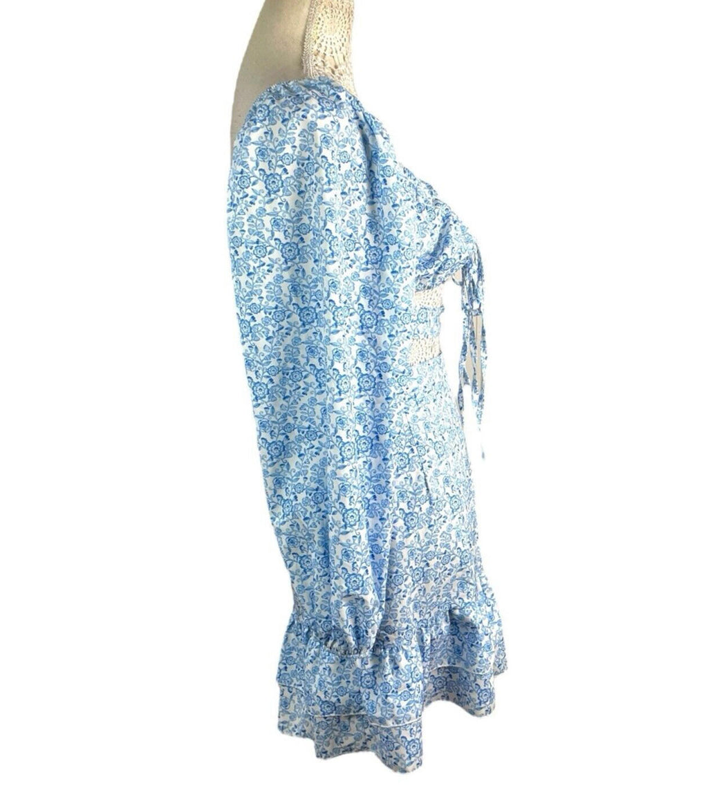 Boohoo Floral Skirt Co Ord Set High Waist Blue & White Women’s UK Size 10