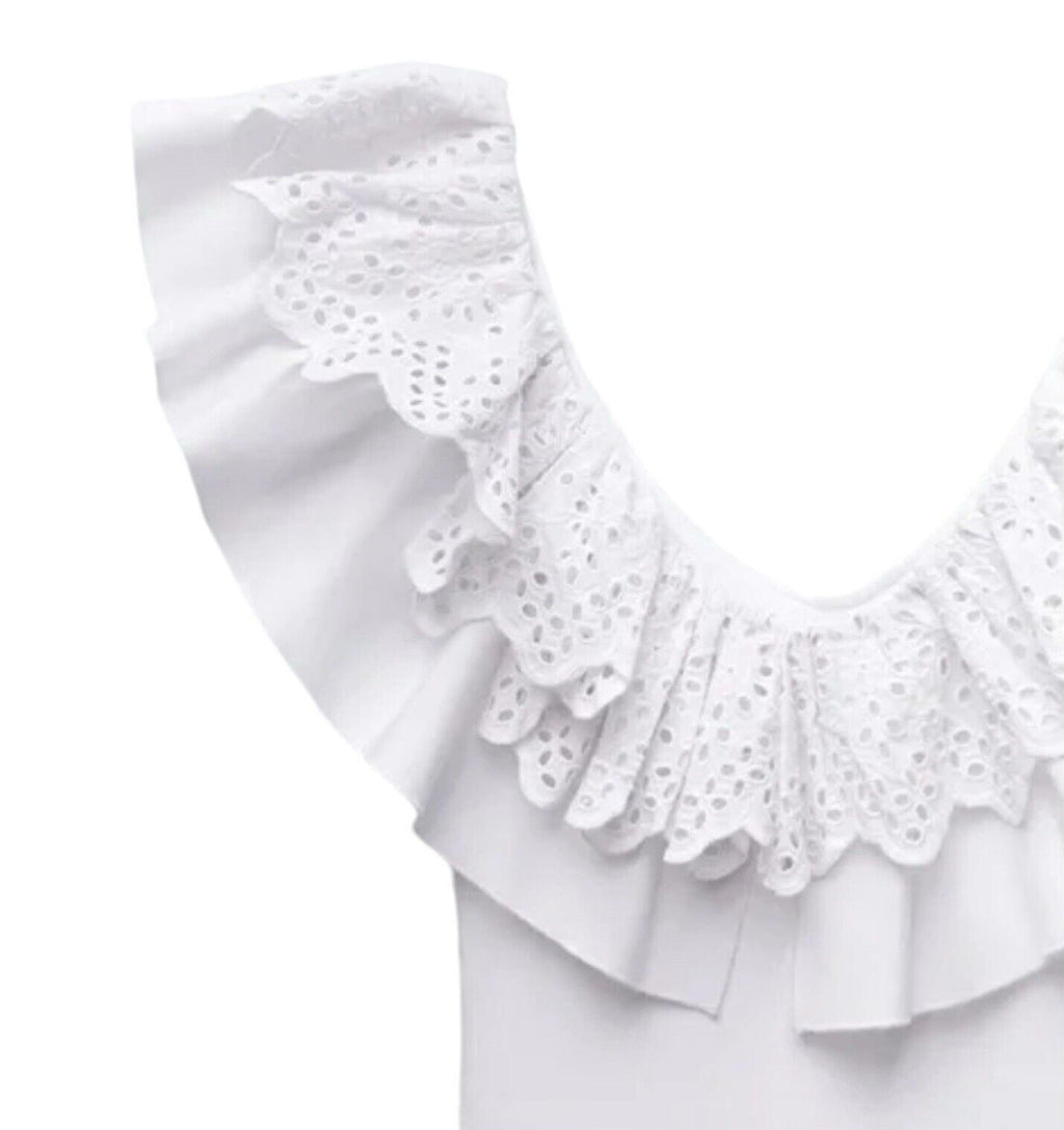 Zara Mini Dress White Ribbed Ruffled V-Neck Summer Women’s UK Size S (8)