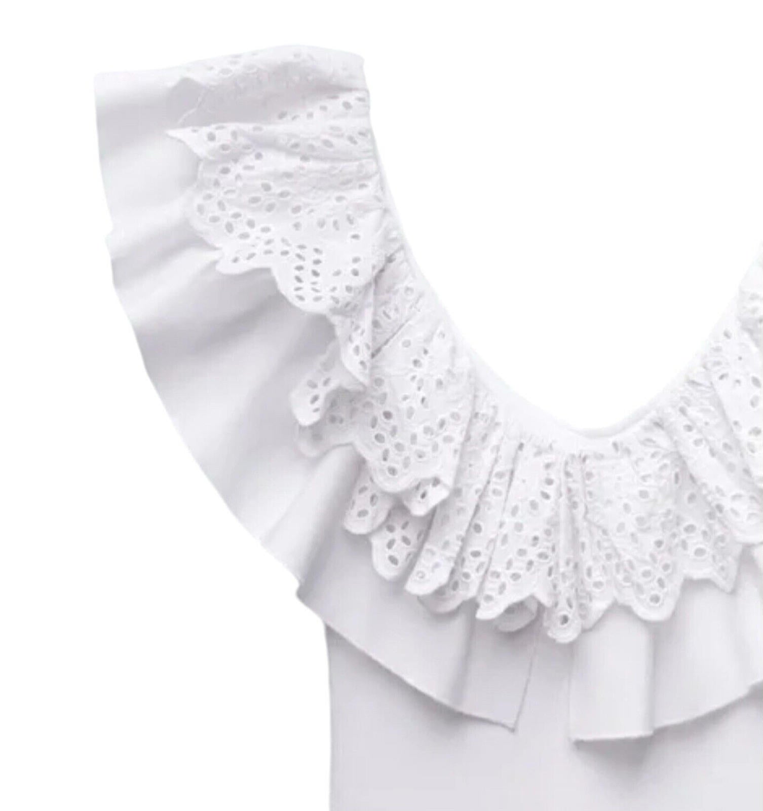 Zara Mini Dress White Ribbed Ruffled V-Neck Summer Women’s UK Size S (8)