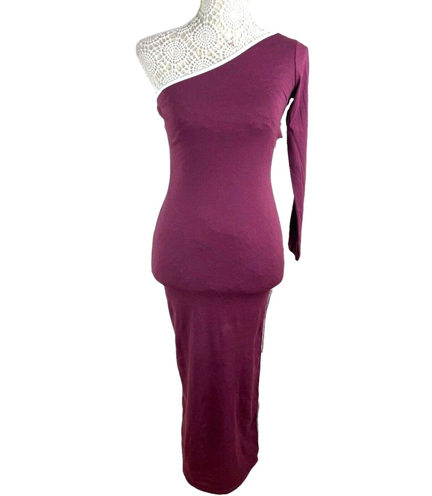 Pretty Little Thing Midaxi Dress Burgundy Cotton One Shoulder Women’s UK Size 8
