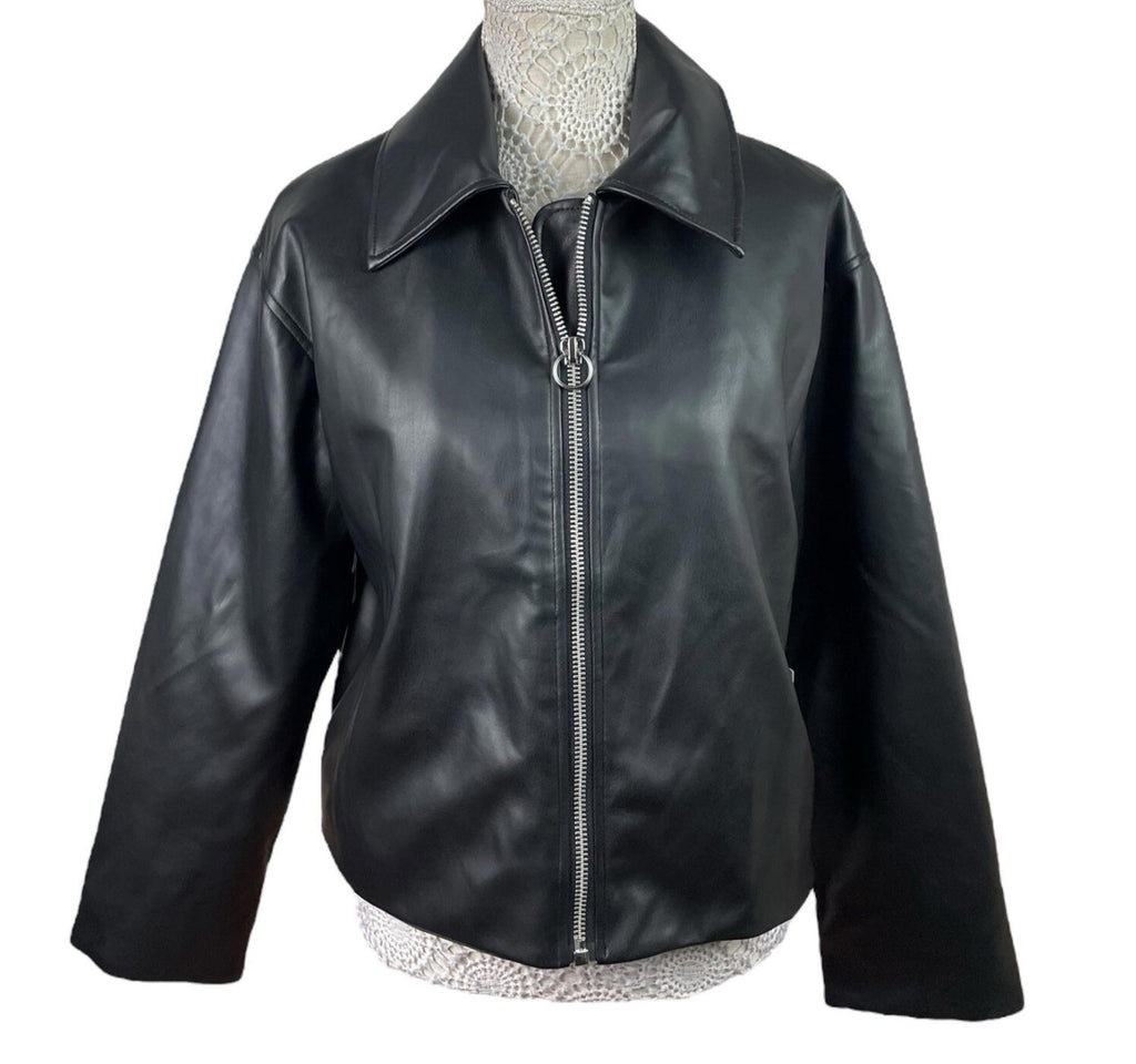 ASOS Faux Leather Jacket Women's UK Size 6 Black Zip Front Oversized Big Collar