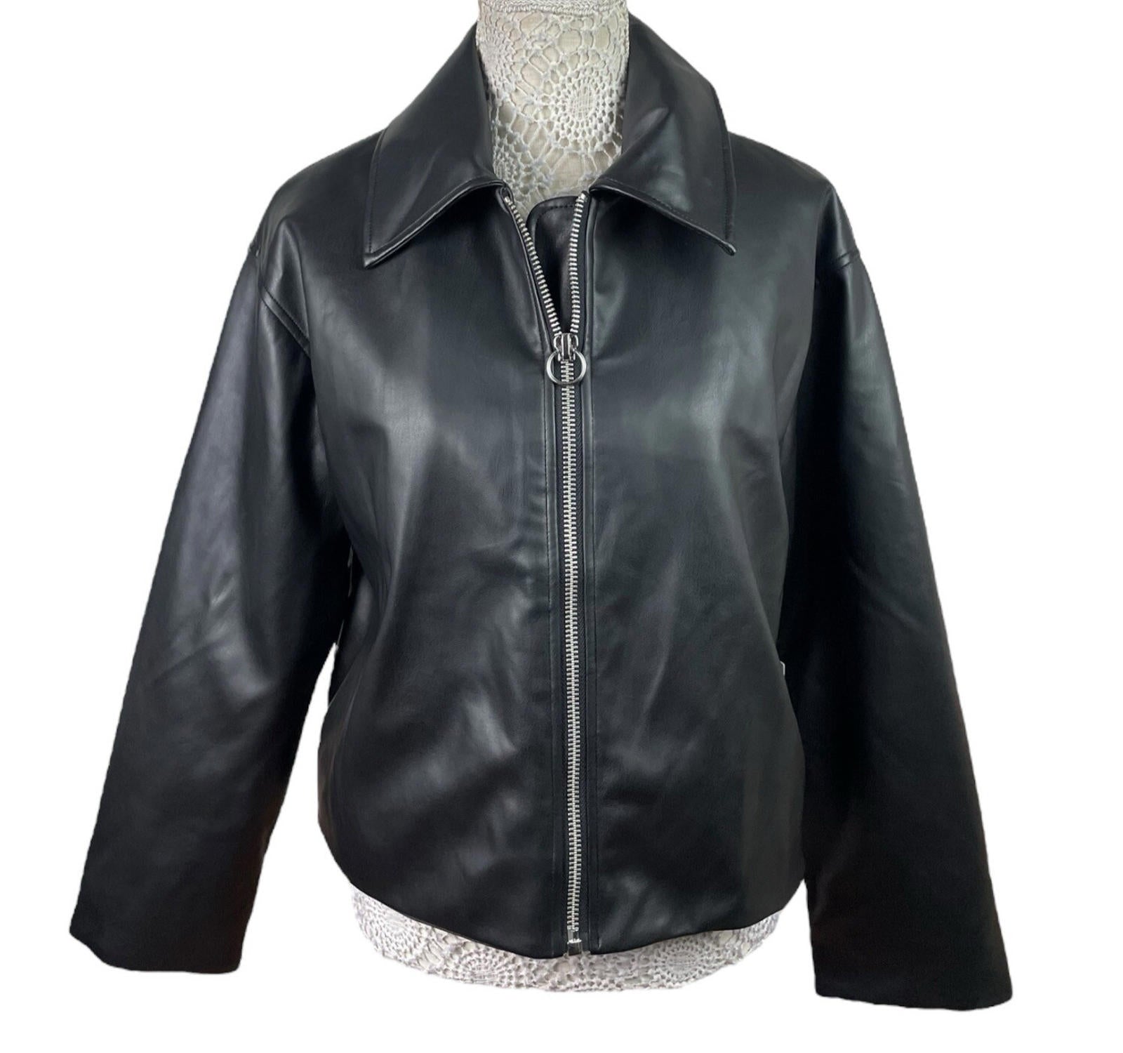 ASOS Faux Leather Jacket Women's UK Size 6 Black Zip Front Oversized Big Collar