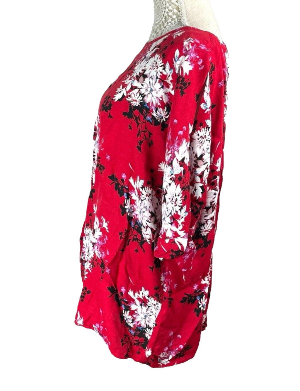 Bon Marche Blouse Women's UK Size 18 Red Floral 3/4 Sleeve Chiffon Summer Top