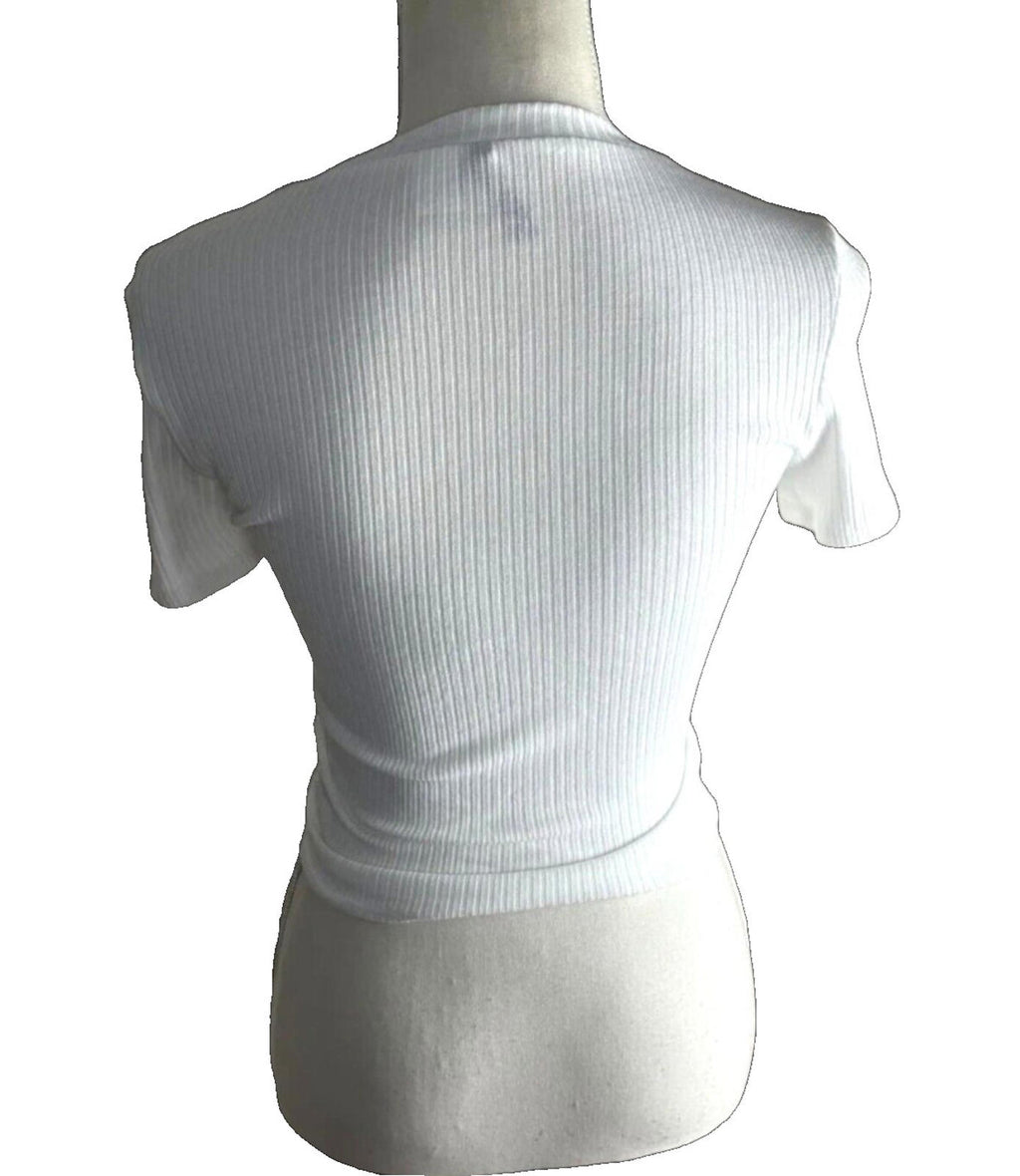 Divided Crop Top Women's UK Size S White Ribbed Ruffle Bow Detail Summer Cropped