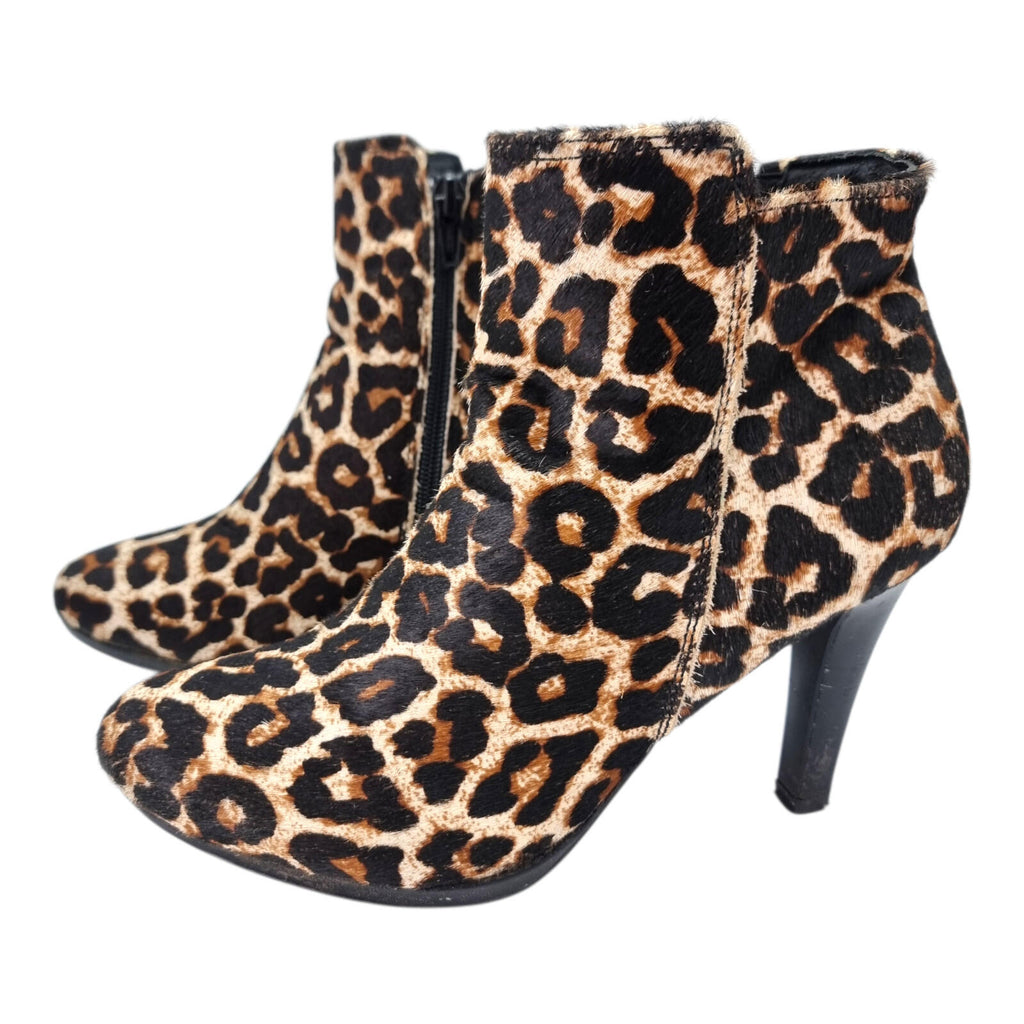 Leopard Print Ankle Boots Women's UK Size 6.5 High Heeled Pony Hair Leather