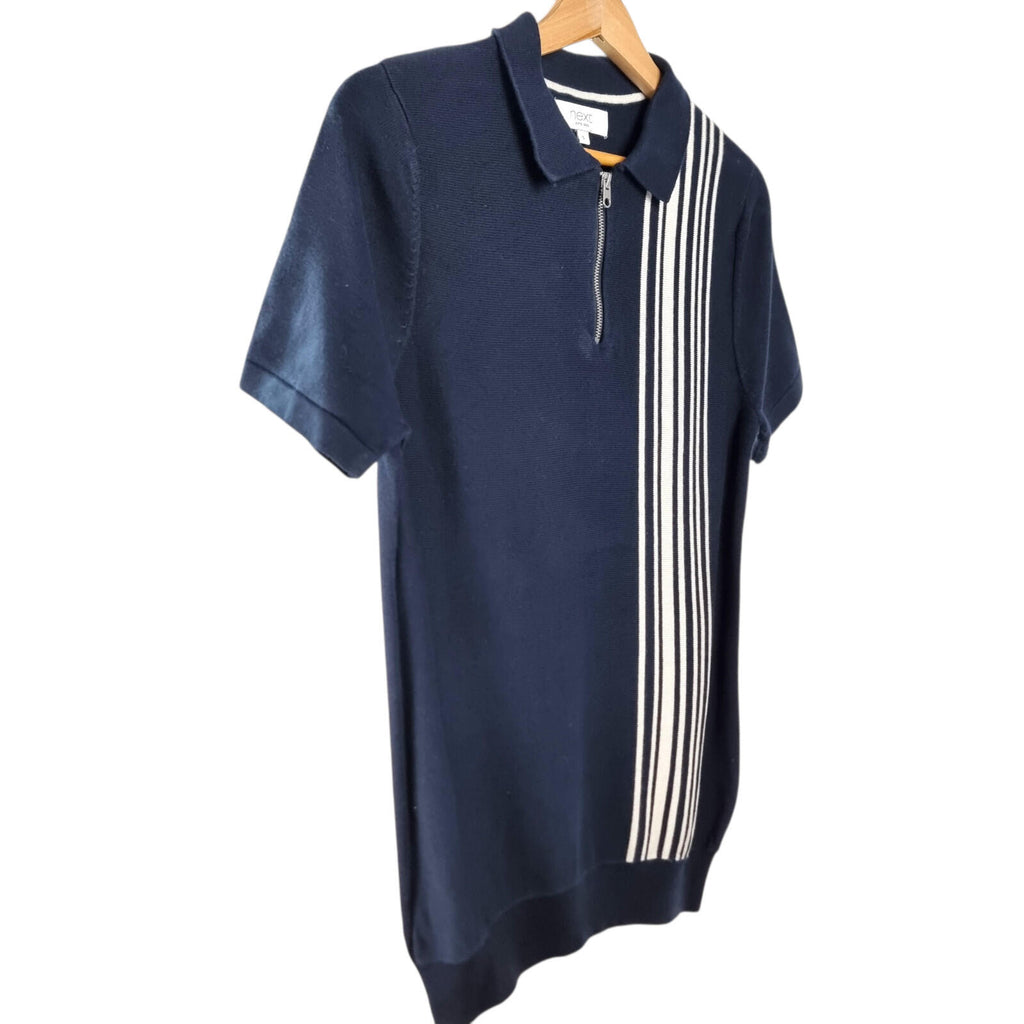 Next Knit Polo Shirt Men's UK Size S Navy Blue Stripe Short Sleeve 1/4 Zip