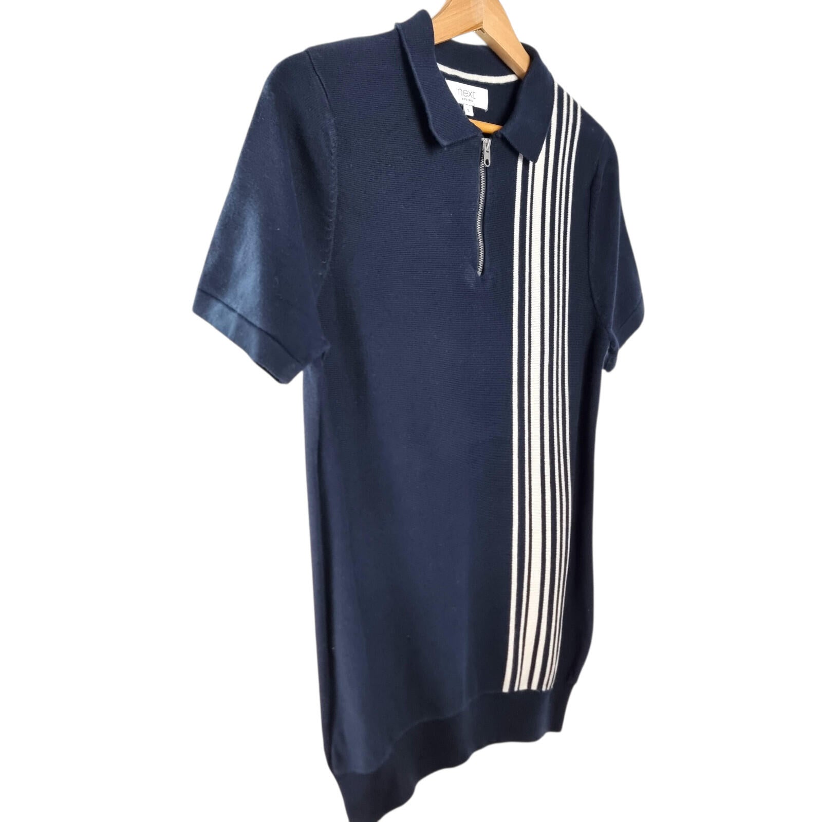 Next Knit Polo Shirt Men's UK Size S Navy Blue Stripe Short Sleeve 1/4 Zip