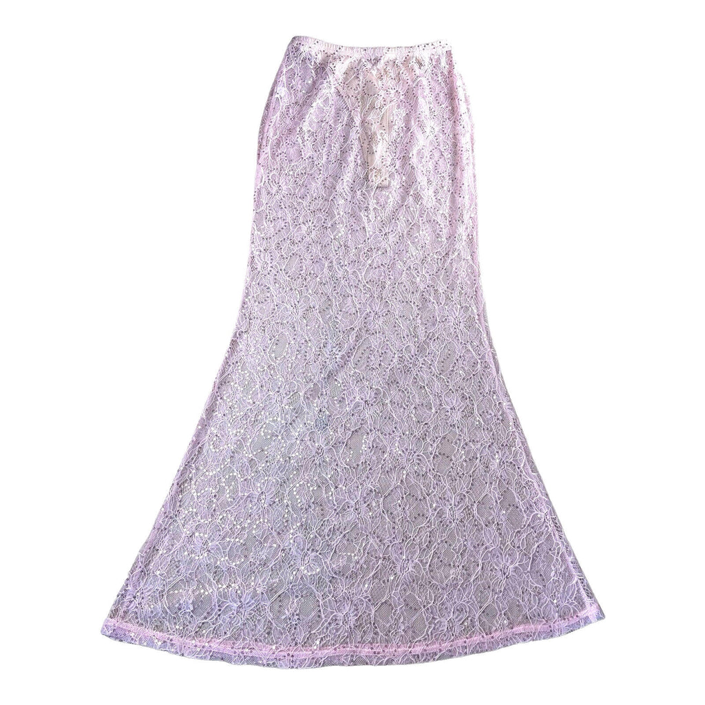 Pale Pink Sheer Lace Fit & Flare Maxi Skirt High Waist Women’s UK Size S
