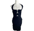 Halterneck Mini Dress Women’s UK Size 12 Black Fitted Bodycon White Bows