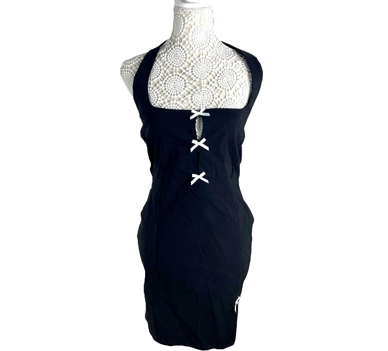Halterneck Mini Dress Women’s UK Size 12 Black Fitted Bodycon White Bows