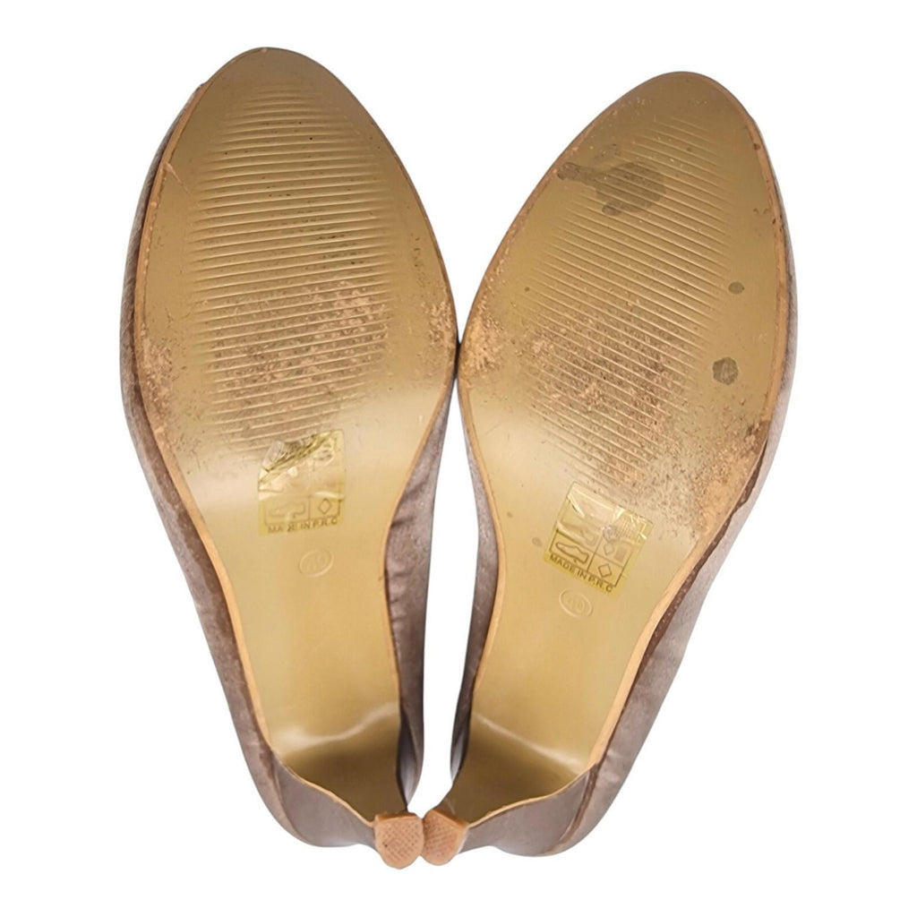 Jeckni Taupe Satin Slingback Court Shoes Women's UK Size 6.5 Gold Floral Corsage