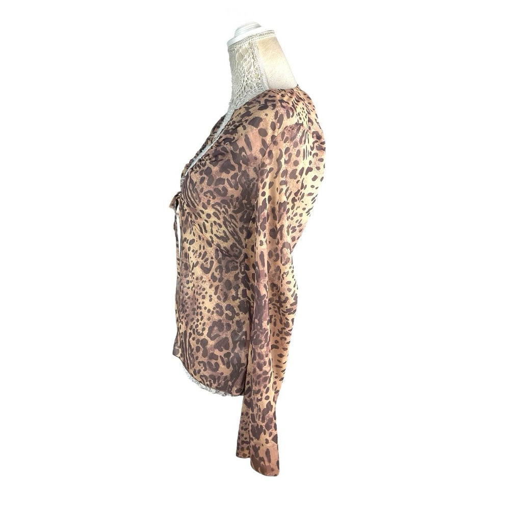 Pretty Little Thing Leopard Print Tie Front Blouse Women’s UK Size 8 Flared Cuff