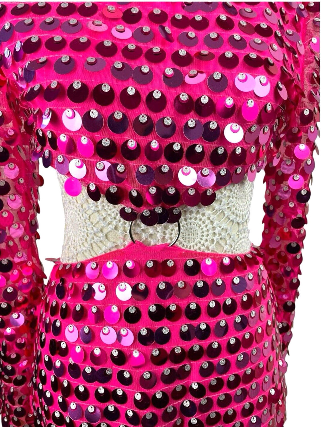 Bright Pink Big Sequin Cut Out Mini Dress Long Sheer Sleeve Women’s UK Size 8-10