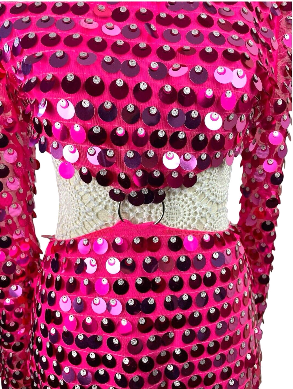 Bright Pink Big Sequin Cut Out Mini Dress Long Sheer Sleeve Women’s UK Size 8-10