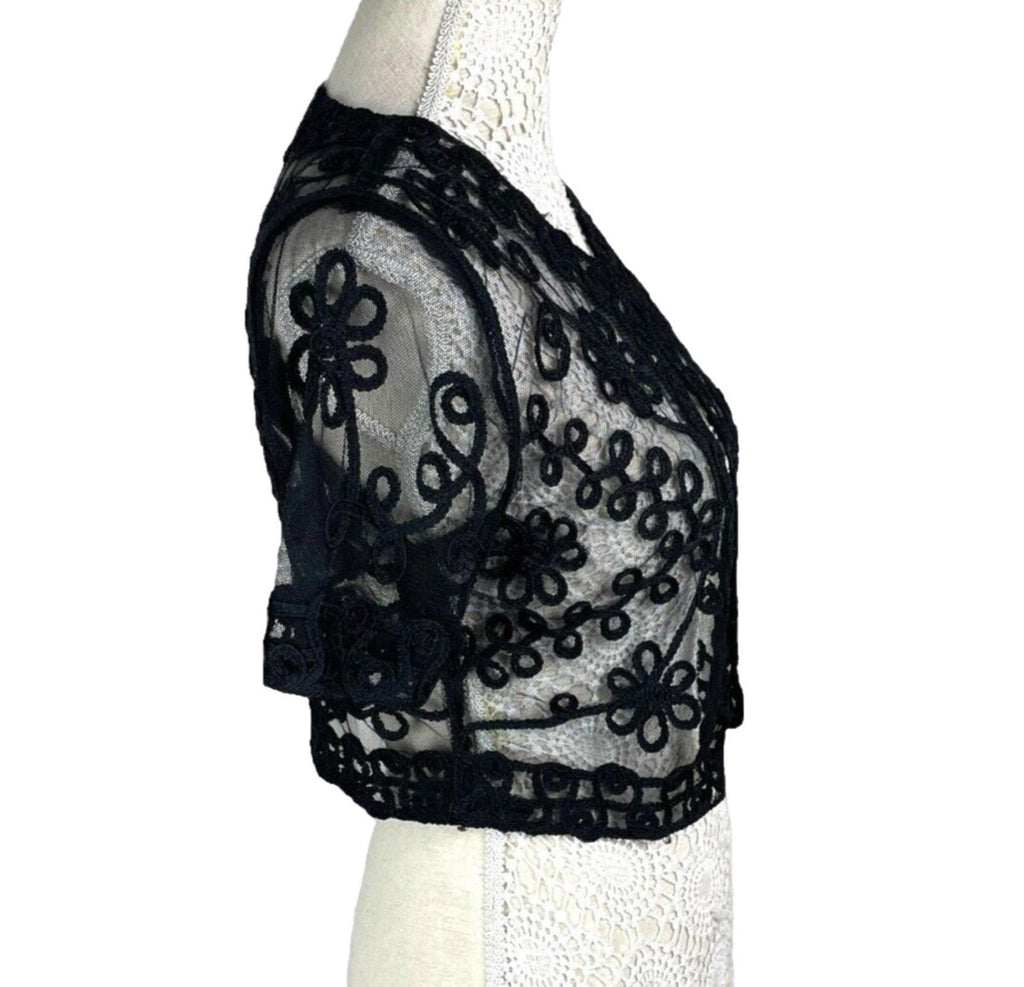 Quiz Sheer Lace Black Cropped Cardigan Floral Mesh Women’s UK Size S