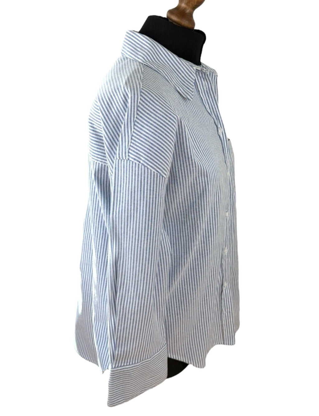 Zara Blue Stripe Shirt Blouse Collared Long Sleeve Distressed Womens UK Size S