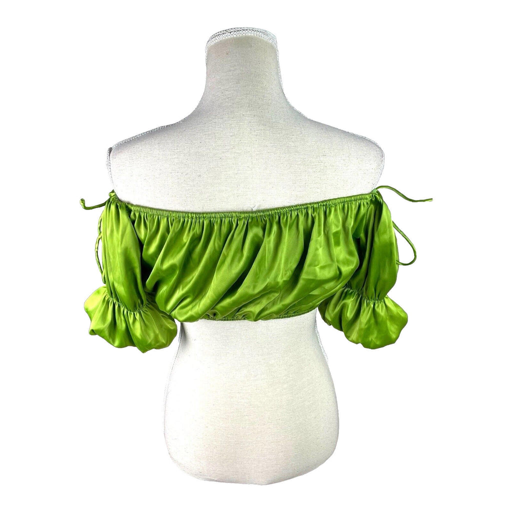 Pretty Little Thing Ruffle Satin Crop Top Green Off Shoulder Women’s UK Size 8