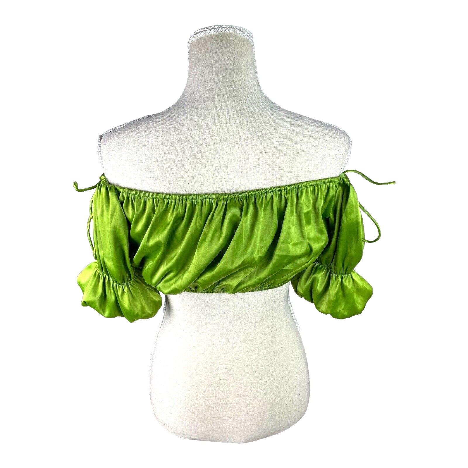 Pretty Little Thing Ruffle Satin Crop Top Green Off Shoulder Women’s UK Size 8