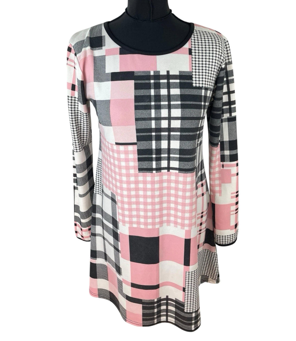 Silk Checkered T-shirt Dress 3/4 Sleeve Pink Black White Women’s UK Size 14
