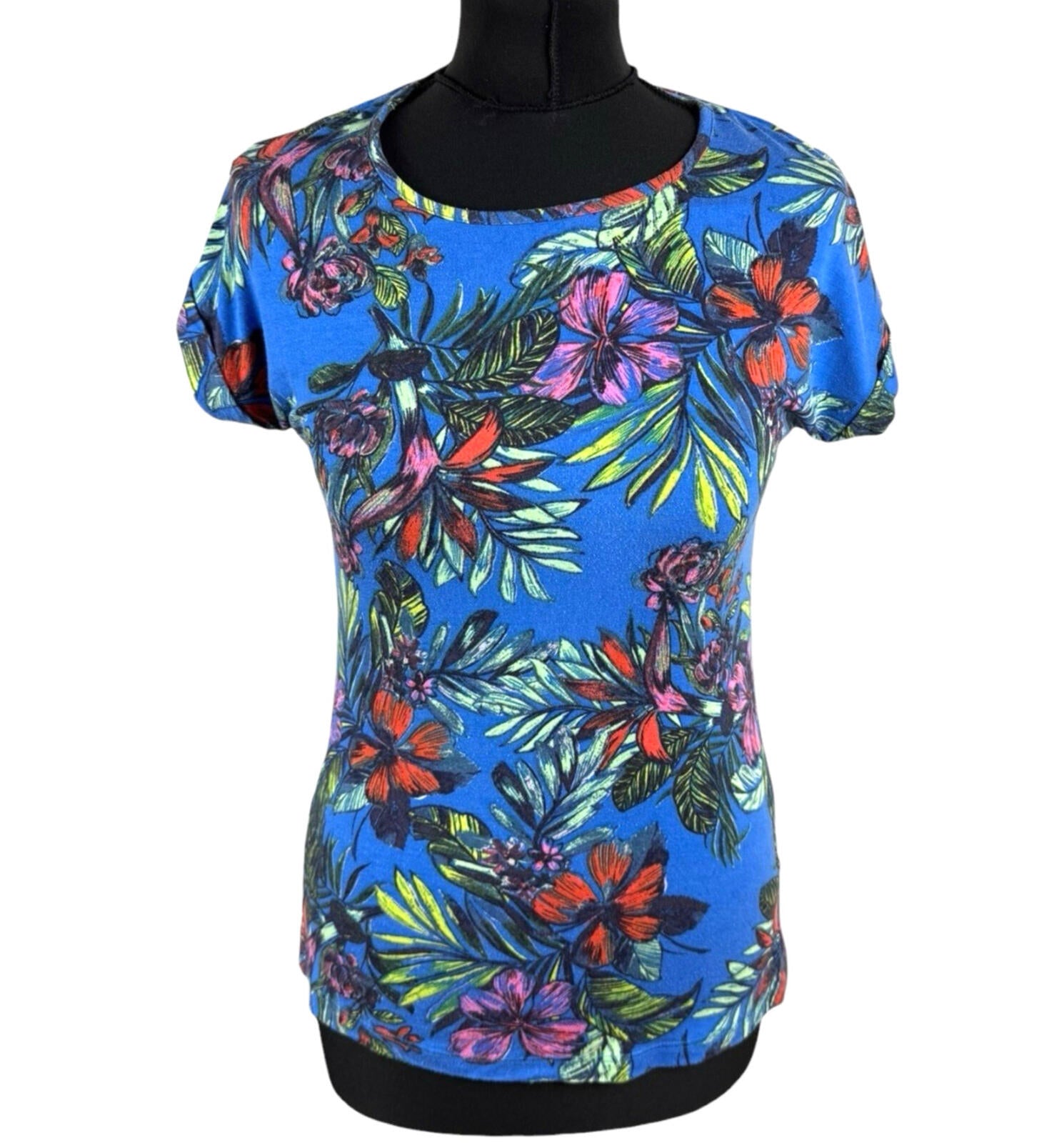 Peacocks T-Shirt Blouse Women’s UK Size 8 Tropical Print Zip Back Multicolour
