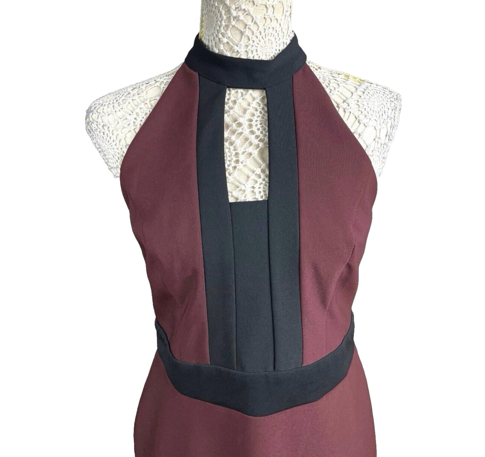 River Island Burgandy Midi Dress Bodycon Black Trim Women’s UK Size 12