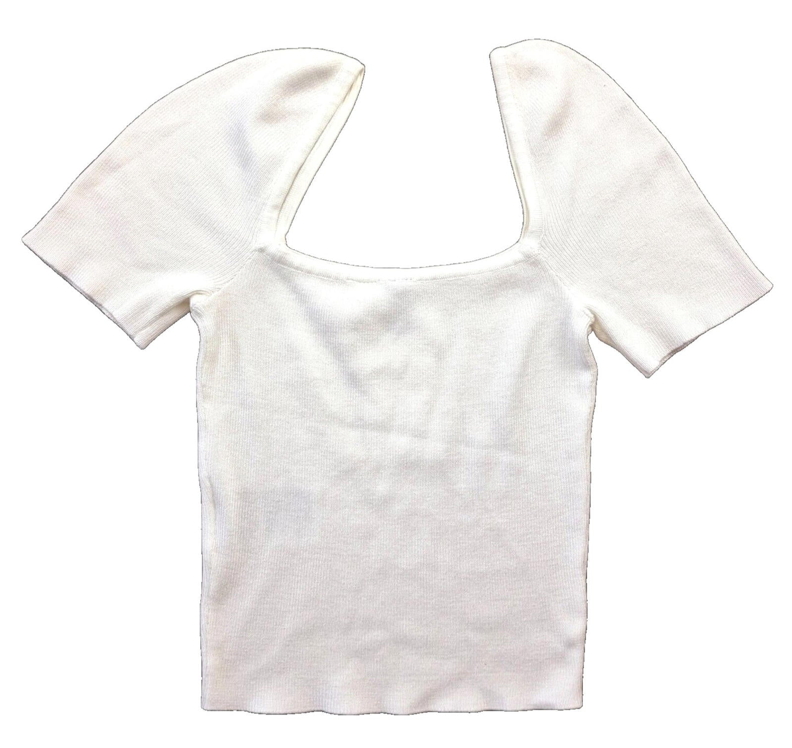 Divided Crop Top White Ribbed Blouse Women's UK Size XS