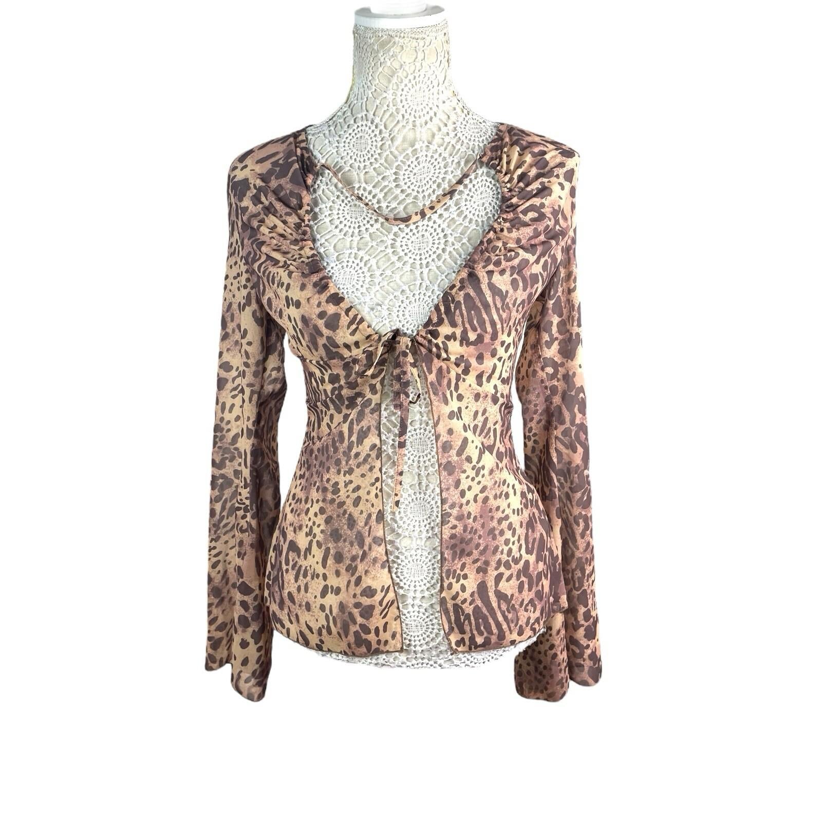 Pretty Little Thing Leopard Print Tie Front Blouse Women’s UK Size 8 Flared Cuff