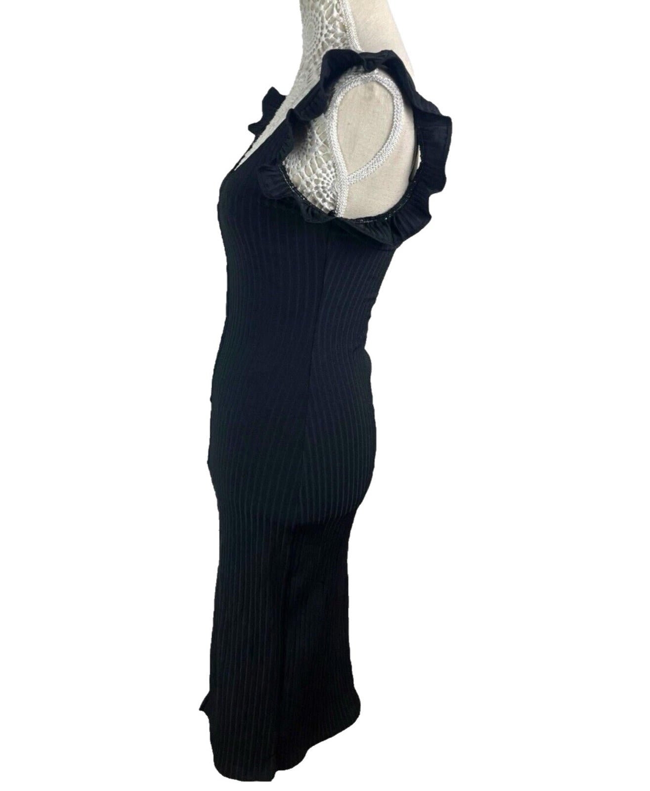 Zara Black Ribbed Maxi Dress Frill Straps Women’s UK Size S