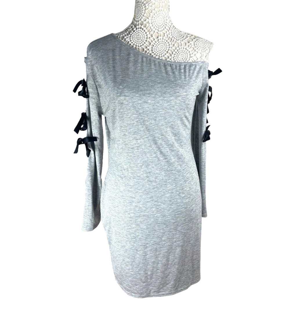Denovo Mini Dress Grey One Shoulder Long Sleeve Black Bows Women’s UK Size 16