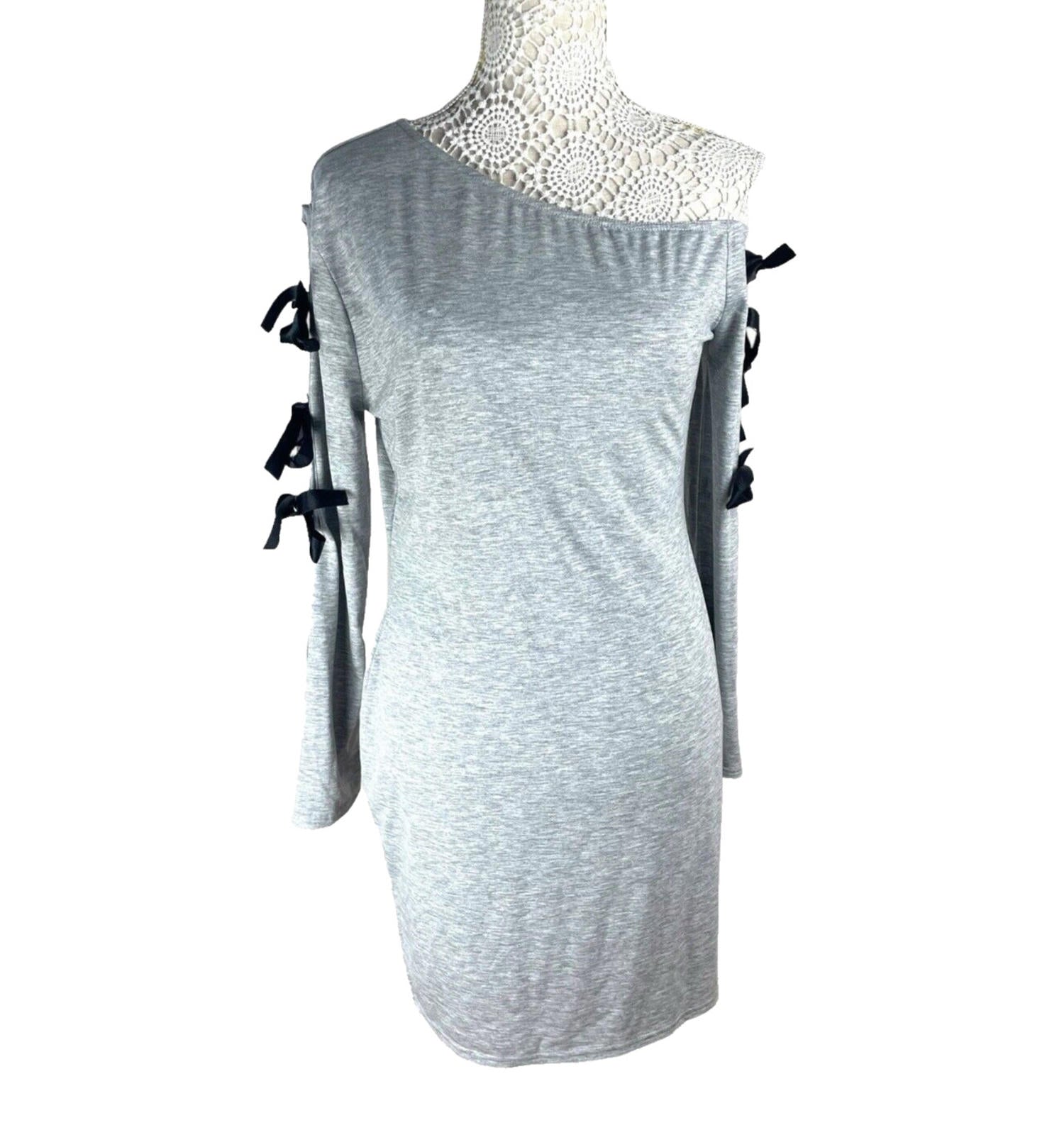 Denovo Mini Dress Grey One Shoulder Long Sleeve Black Bows Women’s UK Size 16