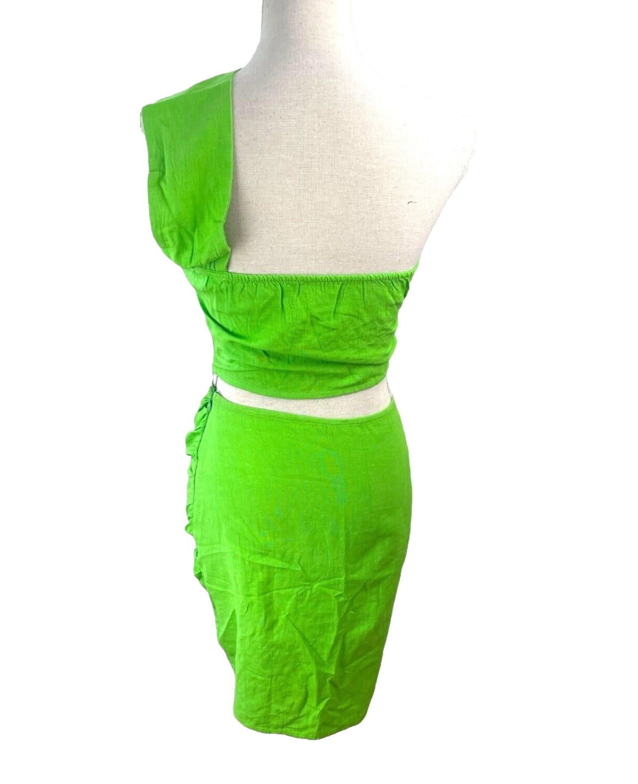 Ruched Skirt & Crop Top Set Women’s UK Size 8 Bright Green Sarong One Shoulder