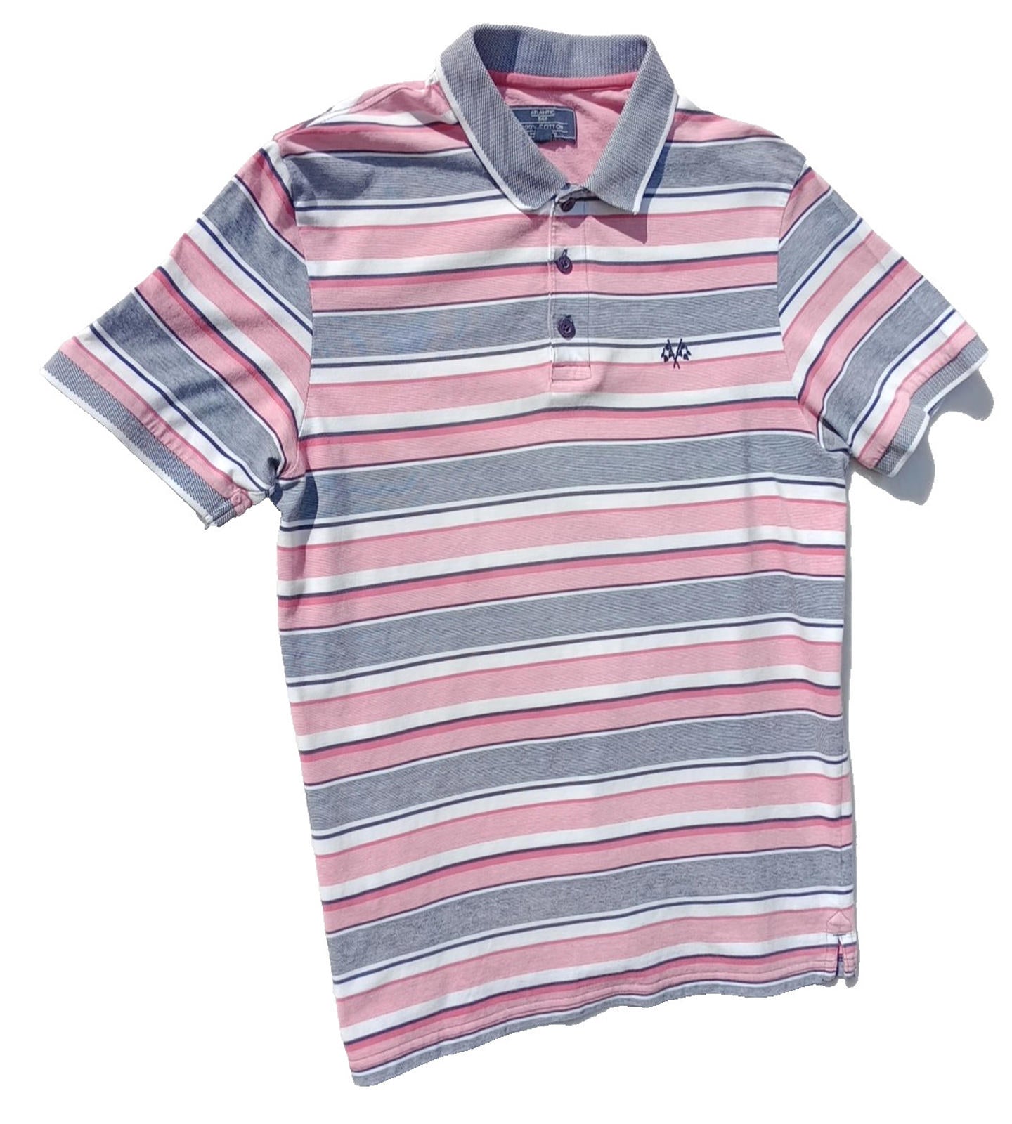 BHS Striped Polo Shirt Men's UK Size M Pink Grey 100% Cotton Embroidered Logo