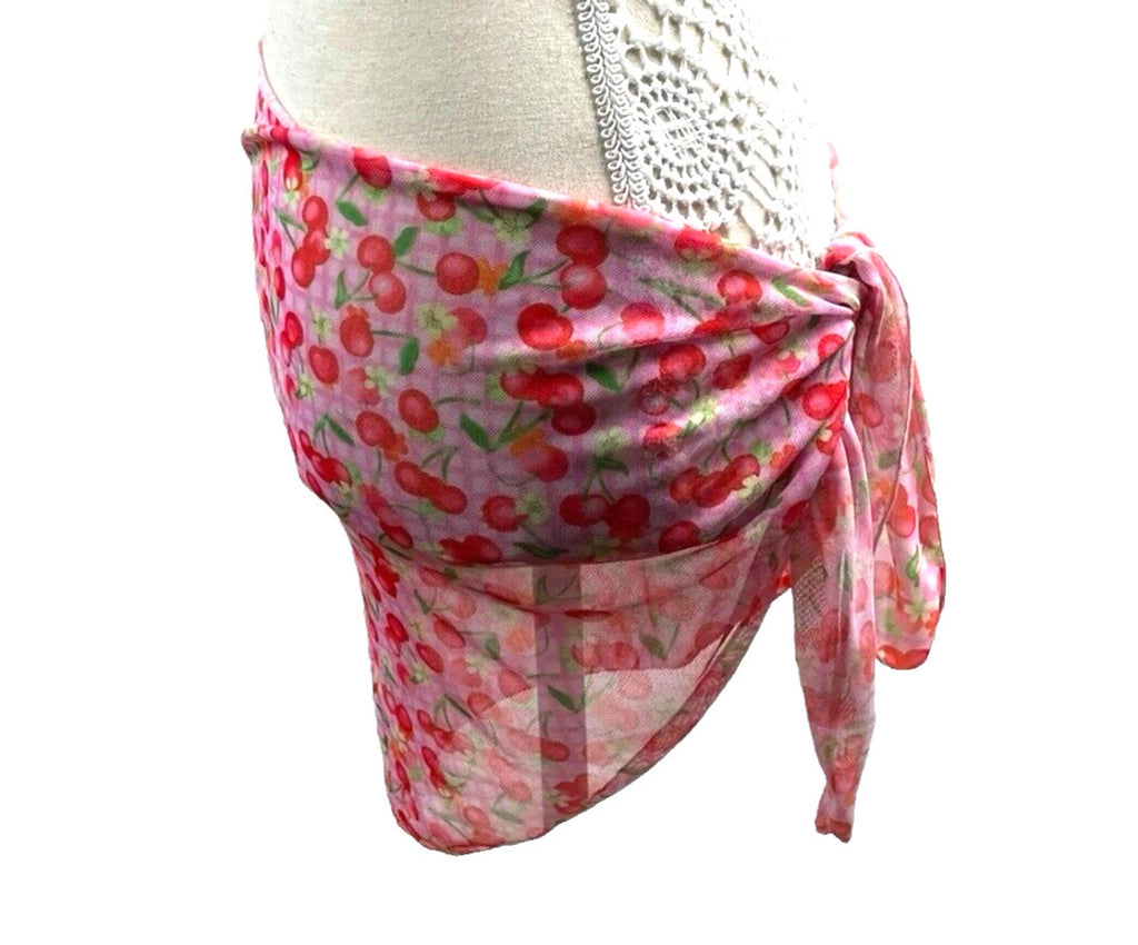 Cherry Print Sarong Women’s UK Size S Pink Tie Side Mini Cover Up Summer Beach