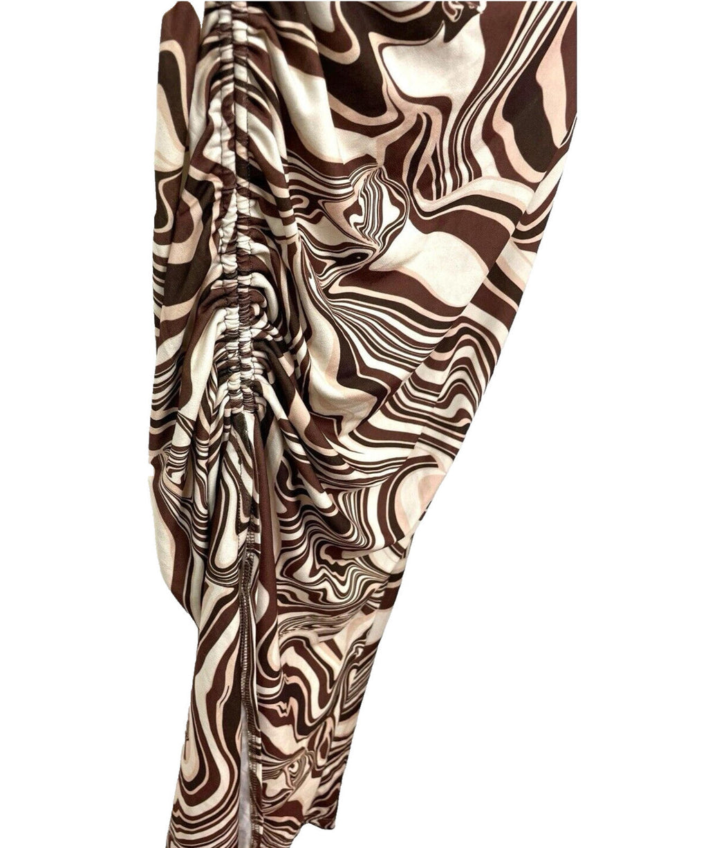 Bershka Maxi Dress Brown & Cream Ruched Side Slit Women’s UK Size XS