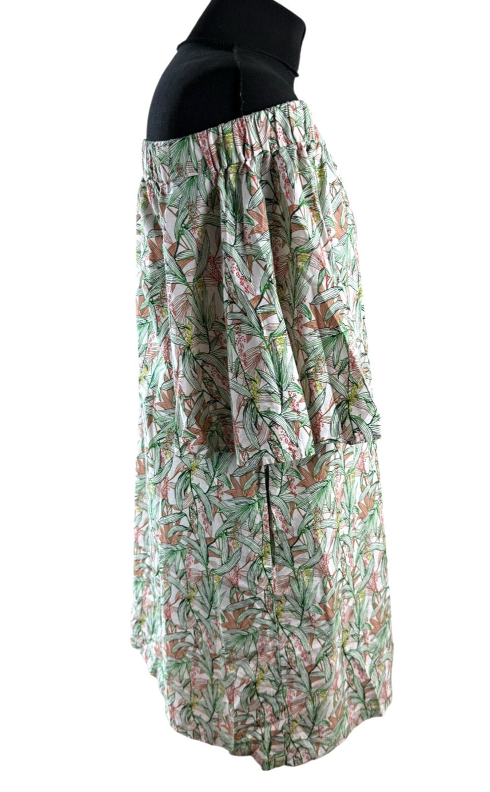 H&M Off Shoulder Mini Dress Women’s UK Size 8 Flare Sleeve Tropical Leaf Print